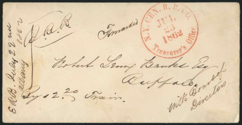 N. Y. Cen. R.R. CO. Treasurers Office, Jul. 23, 1862.> Red circular datestamp (not a route agents marking) on cover to Buffalo N.Y., endorsed <<R.R.B.>> (Railroad Business) and <y 2:20 Train>>, Extremely Fine,
this marking is not listed in AS