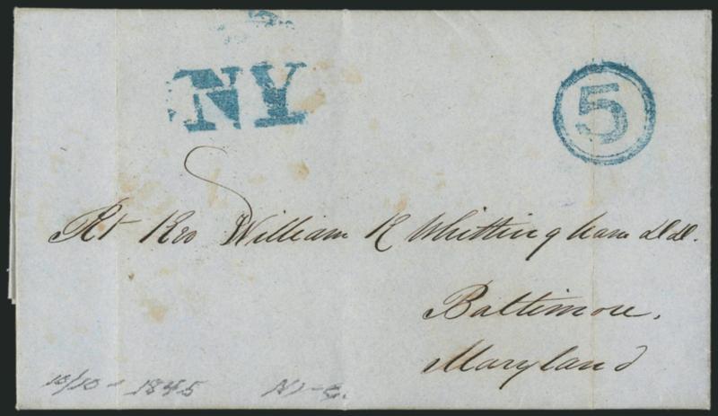 New York & Philadelphia Railroad.> Six folded letterscovers, 1845-48 with blue handstamped markings incl. NY and 5, N and 5, NY and W, Very Fine group