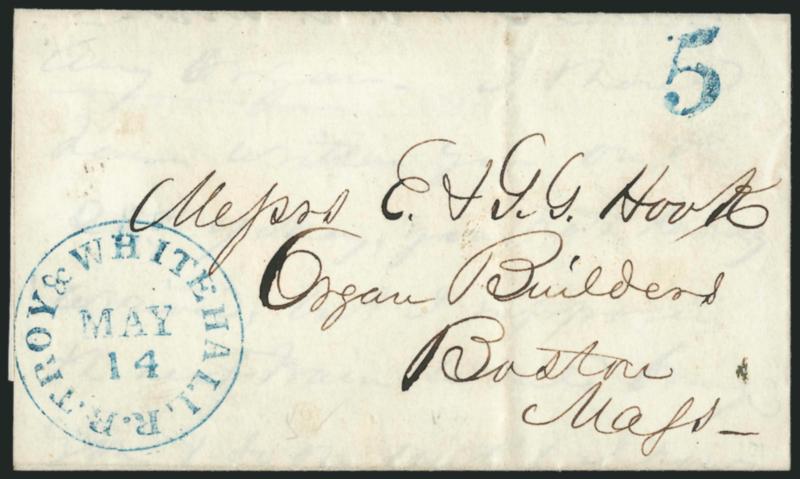 Troy & Whitehall R.R.> Route agents circular datestamp with matching 5 rate handstamp struck in blue (May 14, 1854) and black (Aug. 16, c. 1854) on separate folded letters to Boston and Wampsville,
respectively, Very Fine, choice strikes and a lov
