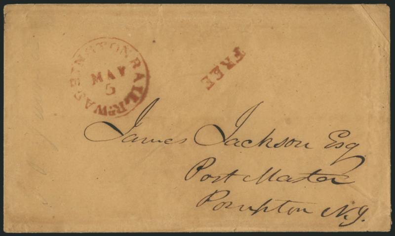 Washington Railrd. May 5.> Partly clear strike of route agents red circular datestamp with matching Free handstamp on brown cover to postmaster of Pompton N.J., Fine, scarce marking