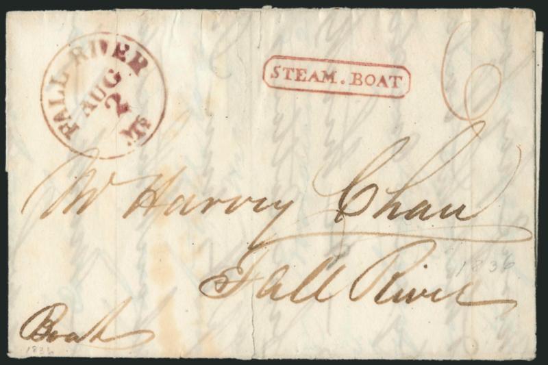 STEAM.BOAT (Fall River Mass.).> Straightline in frame handstamp struck in dark red on 1832 and 1836 folded letters from Providence R.I. to Fall River, each with clear strike and ms. 6 rate, later cover with
additional matching Fall River Ms. Aug