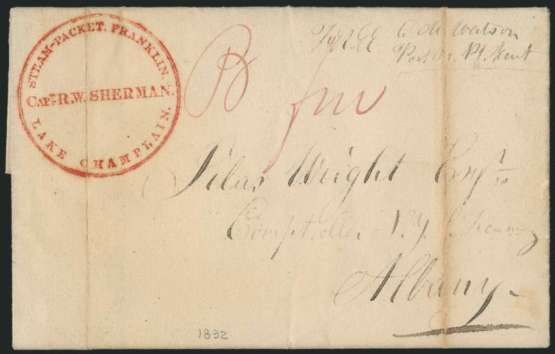 Steam-Packet Franklin, Lake Champlain, Capt. R. W. Sherman.> Double-line circle handstamp clearly struck in red on Oct. 20, 1832 folded letter from Port Kent (on Lake Champlain) to Albany N.Y., free franked by
Pt. Kent postmaster, red ms. B (steamb