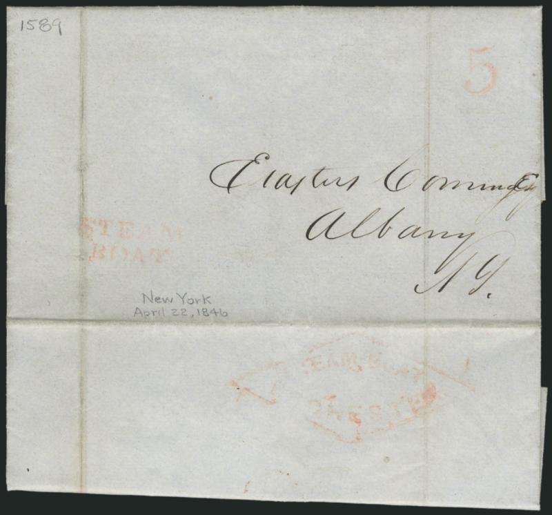STEAMBOAT ROCHESTER.> Lightly-inked red diamond-framed handstamp struck on back, matching ^STEAMBOAT^ two-line handstamp and 5 rate on front of blue folded letter datelined <<Astor House April 22nd 1846>> to
Erastus Corning in Albany N.Y. from