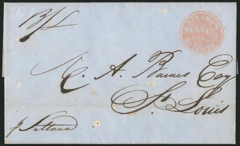 Steamer Sultana of St. Louis.> Negative letters in circle, gorgeous strike in red on 1849 blue folded letter from New Orleans to St. Louis, Extremely Fine strike of this name-of-steamboat marking
