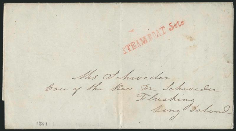 STEAMBOAT 5 cts. (Flushing N.Y.).> Clear strike of red straightline handstamp on blue folded letter datelined <<St. Clement Place May 8th>> (1851) to Flushing N.Y., pencil note inside says that <<Charley St.
John is to take this to the boat>>,