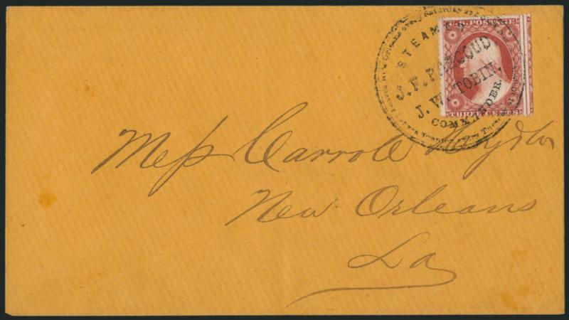 Steamer J. F. Pagoud, J. W. Tobin, Commander.> Large circular handstamp ties 3c Dull Red, Ty. III (26), straddle-pane margin at right with centerline, on buff cover to New Orleans, small text in cancel reads
Leaves New Orleans every Saturday at 5 O
