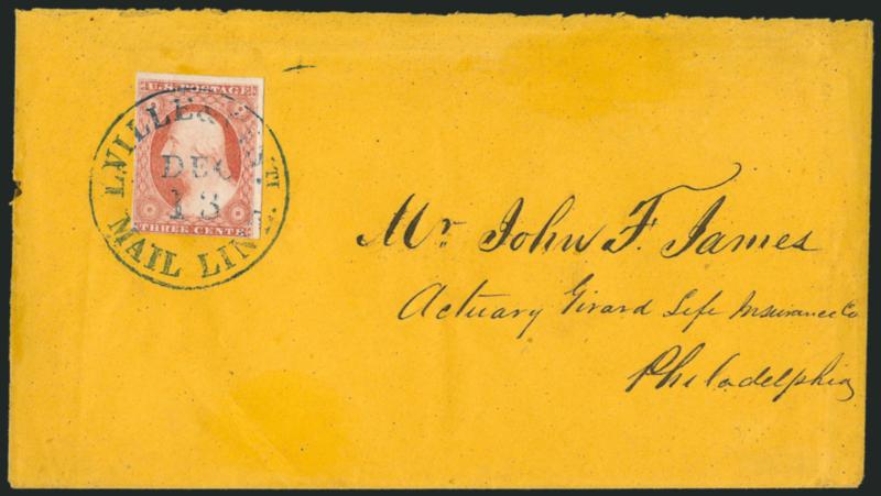 LVille & Cinti Mail Line, Dec. 13.> Well-struck route agents blue circular datestamp ties 3c Dull Red, Ty. II (11A) on buff cover to Philadelphia, Extremely Fine strike