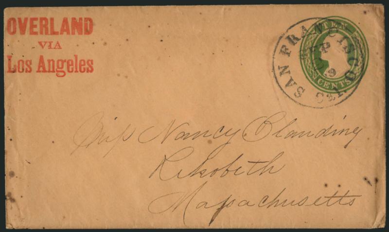 OVERLANDVIALOS ANGELES.> Three-line imprint in red at upper left of <10c Green on Buff Nesbitt entire,> cancelled by San Francisco Cal. Sep. 2, 1859 circular datestamp and addressed to Rehobeth Mass., with
original contents, few age spots, slight