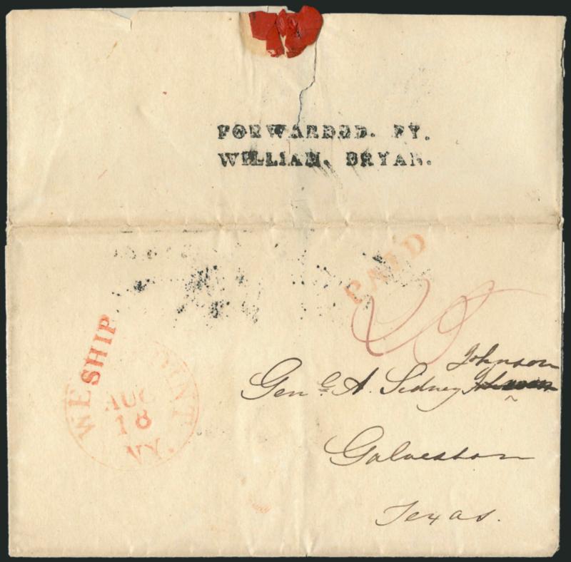 FORWARDED. BY. WILLIAM BRYAN.> Two-line handstamp on backflap of 1842 folded cover to <Genl. Albert Sidney Johnson> in Galveston, docketing in his hand, light red West Point N.Y. Aug. 18 circular datestamp,
matching Paid handstamp, red ms. 25,