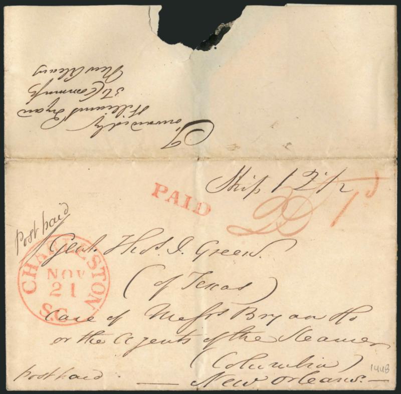 Forwarded by William Bryan 56 Commerce [?] New Orleans.> Neat ms. endorsement on backflap of undated folded cover to <<Genl. Thos. J. Green (of Texas) Care of Messrs Bryan & Co. or the Agents of the Steamer
(Columbia) New Orleans>>, red Charlest