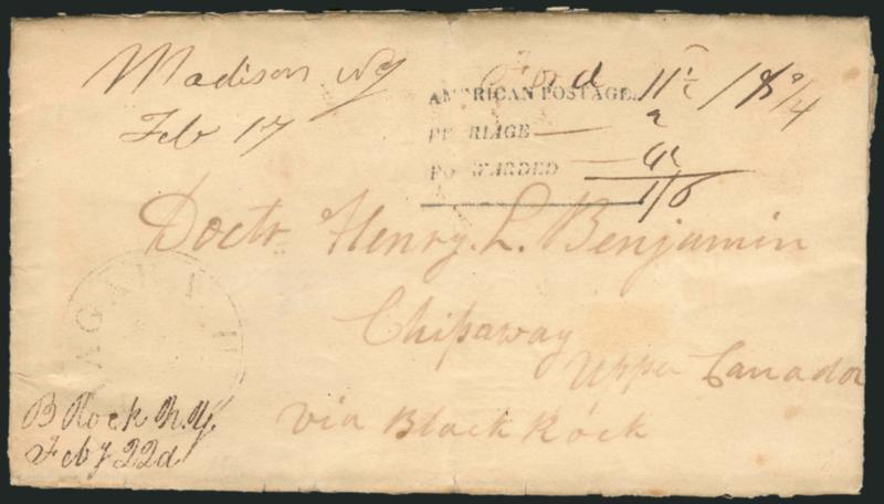 AMERICAN POSTAGEFERRIAGEFORWARDED Straightline Handstamp (Niagara).> Three-line handstamp in black with ms. 11-12 [+] 2 [+] 4-12 [=] 16 Canadian rate computation, faint black Niagara U.C. triple-circle
datestamp on 1829 folded letter with ms
