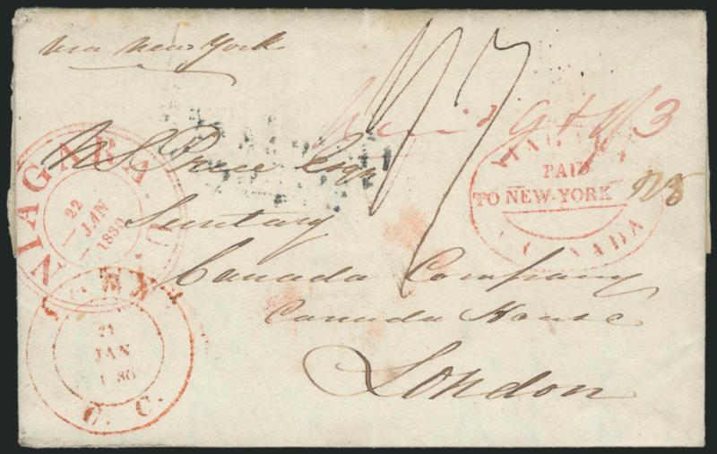 NIAGARAPAIDTO NEW-YORKU. CANADA.> Oval handstamp in red with matching Niagara U.C. 22 Jan. 1830 large triple-circle datestamp, York U.C. 21 Jan. 1830 double-circle datestamp on folded letter to London via New
York, red ms. Paid 9 & 13 Canad