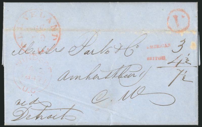 British Postage Straightline (Niagara).> Red italics straightline with 6-12 Canadian rate (4-12 inland plus 2p ferriage) struck with Buffalo N.Y. July 19 double oval datestamp and Paid in scroll handstamp with
ms. 10 U.S. rate on 1830 fol