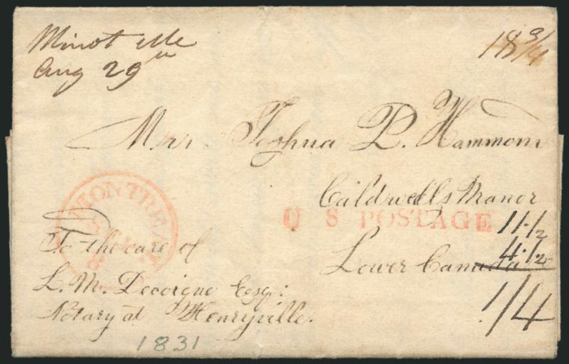 U.S. POSTAGE Straightline (Montreal).> Red handstamp with ms. 11-12 [+] 4-12 [=] 14 total Canadian postage due with U.S. component, matching red Montreal Sep. 8 circular datestamp on Aug. 24, 1831 folded
letter to Caldwells Manor, Lower Can