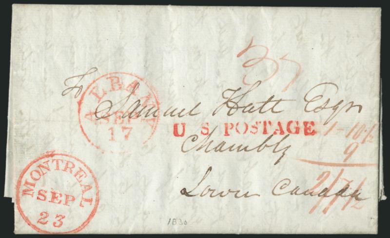 U.S. POSTAGE Straightline (Montreal).> Red handstamp with ms. 110-12 [+] 9 [=] 27-12 total Canadian postage due with U.S. component and 2p ferriage, matching red Montreal Sep. 23 circular datestamp on 1830
folded letter to Chambly L.C., red