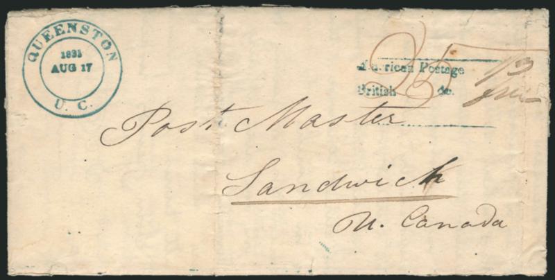 American PostageBritish do. Straightline Handstamp (Queenston).> Clear strike in greenish blue with matching Queenston U.C. 1831 Aug. 17 circular datestamp, ms. 13 [+] free rate on printed facsimile
handwritten letter from the Office of the A
