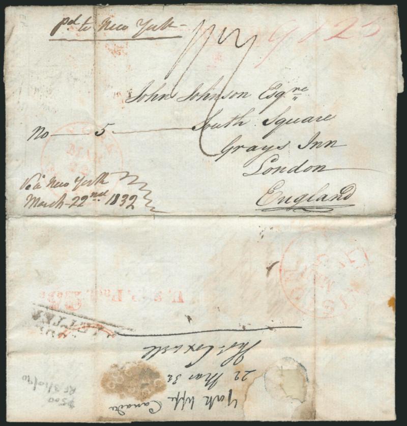 U.S. P. Paid 25 Straightline Handstamp (Lewiston N.Y.).> Lightly-inked strike of red straightline and Lewiston N.Y. circular datestamp on back of folded letter datelined Lake Simcoe, Mar. 22, 1832, to London,
England, faint strike of red York U.C.