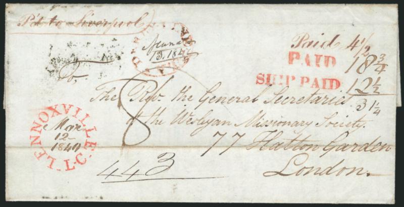 SHIP PAID Straightline Handstamp.> Red Lennoxville L-C rimless handstamp with ms. Mar. 12, 1840 on folded cover from Sherbrooke to London, ms. Pd to Liverpool and Paid 4-12 in the same hand (applied at
Lennoxville), red ^PAID^ and ^SHIP