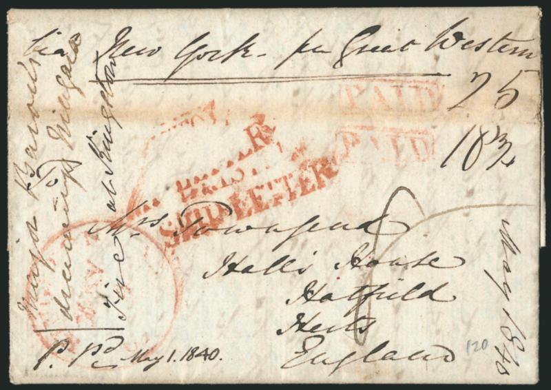 Canada to England via New York, Freight Money Rate.> May 1, 1840 folded letter from Kingston, Canada, to Hatfield, England, red Kingston May 2 circular datestamp, matching slanting Paid in frame handstamp
struck twice, one rated 25 for freight