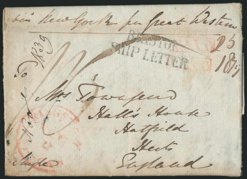 Canada to England via New York, Freight Money Rate.> Nov. 8, 1839 folded letter from Kingston, Canada, to Hatfield, England, red Kingston Nov. 11 circular datestamp, matching slanting Paid in frame handstamp
struck twice, one rated 25 for freig