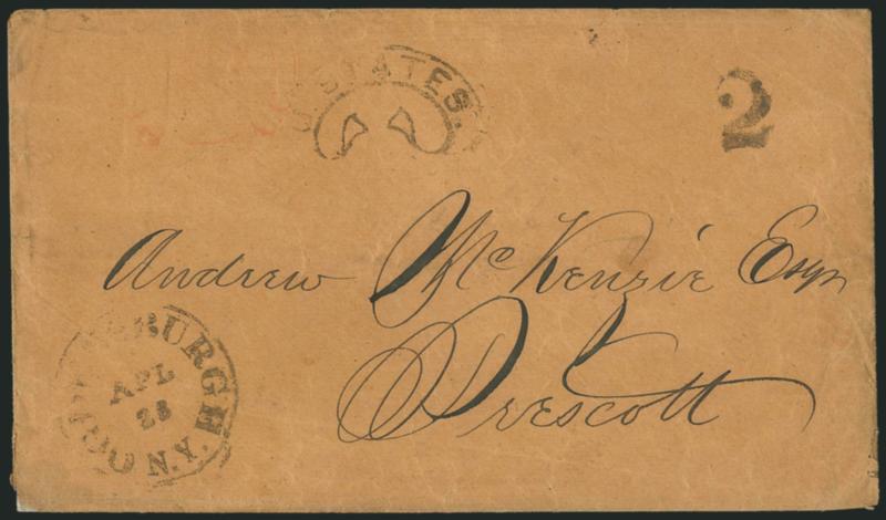 2 Handstamped Port-to-Port Rate (Ogdensburgh N.Y.).> Clear strike of 2 rate handstamp, U.S. States in scroll and partly clear Ogdensburgh N.Y. Apl. 28 circular datestamp on brown covert to Prescott, some
creasing and wear but a very rare item