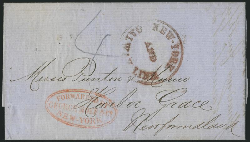 New-York and Galway Line.> Brownish-red double-line circle handstamp on blue folded letter datelined <<Pernambuco 21st Jany. 1860>> and <<Per Virginian>>, to Harbor Grace, Newfoundland, red <Forwarded by
George Moke & Co. New-York> red double-l