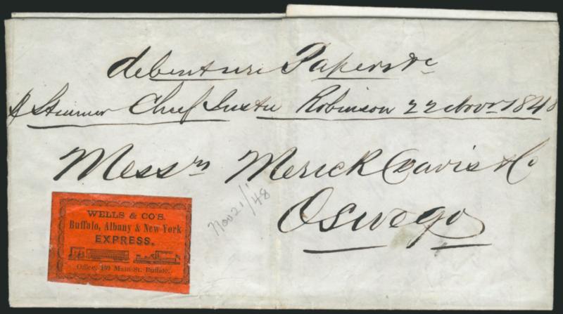 Wells & Co.s Buffalo, Albany & New York Express, Office 159 Main St. Buffalo.> Vermilion label with illustrations of locomotive and steamboat on folded letter datelined Toronto, Nov. 21, 1848, to Oswego N.Y.,
senders directive <<debenture Papers &