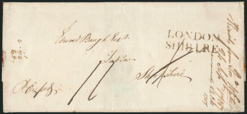 LONDONSHIP LRE.> Bold strike of two-line handstamp on 1787 folded cover to Shropshire, England, endorsed <<pr Oxford>> which was a transatlantic trading vessel and thus indicating North American origin, two
neat strikes of SE 22, 87 backstamps i