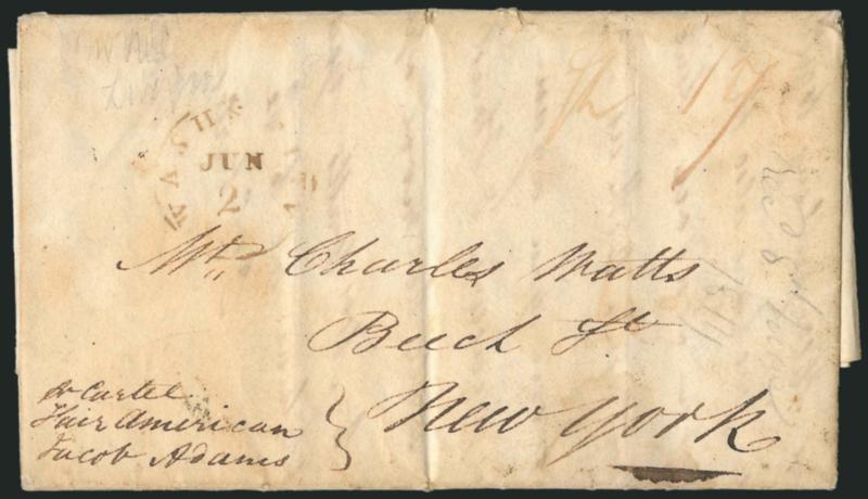 War of 1812 Cartel Letter.> Brownish Washington Jun. 2 circular datestamp on Mar. 19, 1814 folded letter <from Liverpool, England> to New York, endorsed at bottom <<<by CartelFair AmericanJacob Adams>>>, ms.
17 for the 150-300 mile rate betwe