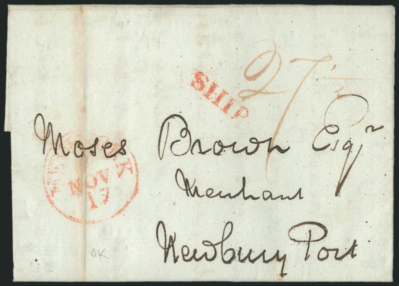 New-York Nov. 17.> Red circular datestamp with matching ^SHIP^ straightline and <27-12c War of 1812 surcharge rate> on 1815 folded letter from Charleston S.C. to Newburyport Mass., lightly toned file fold,
Very Fine, scarce War surcharge on a sh