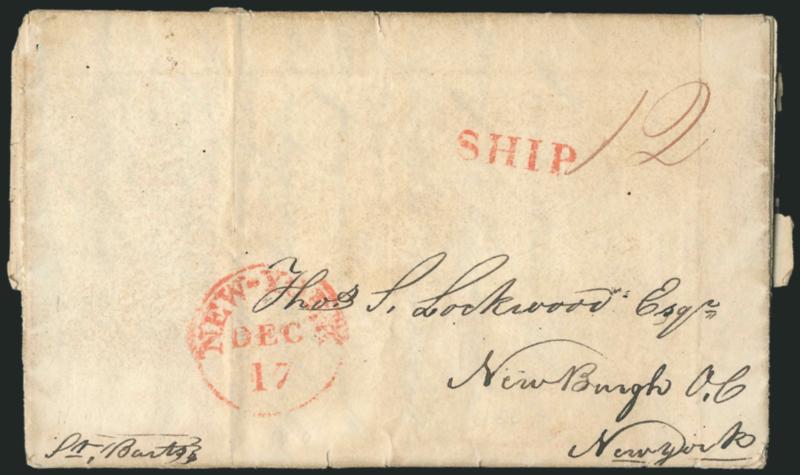 U.S. Frigate Congress, St. Bartholomew Nov. 24th 1822.> Dateline on folded letter to Newburgh N.Y., red New-York Dec. 17 circular datestamp, ^SHIP^ handstamp and ms. 12 rate, slight wear and soiling, Fine,
scarce letter from the flagship of t