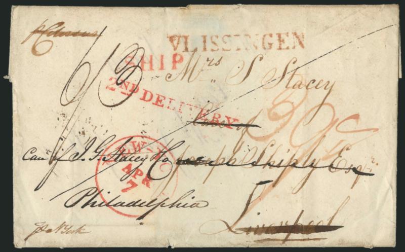 2ND DELIVERY (New York N.Y.).> Straightline handstamp on five folded letters or covers, four in red, one in black, applied to indicate that an arriving ship docked too late for mail to be removed, interesting
examples incl. 1825 with Vlissengen s