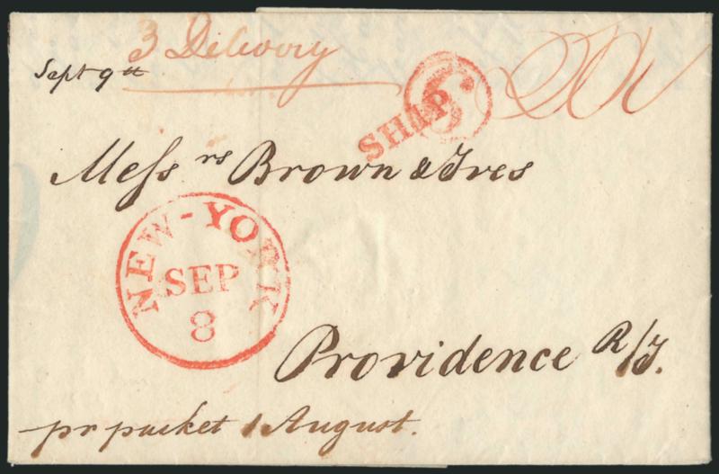 3 Delivery (New York N.Y.).> Red ms. notation indicating late arrival of ship, matching ms. 20-34 rate, red New-York Sep. 8 circular datestamp, matching Ship handstamp struck over 6 in circle ship-letter rate
handstamp on 1834 folded lette
