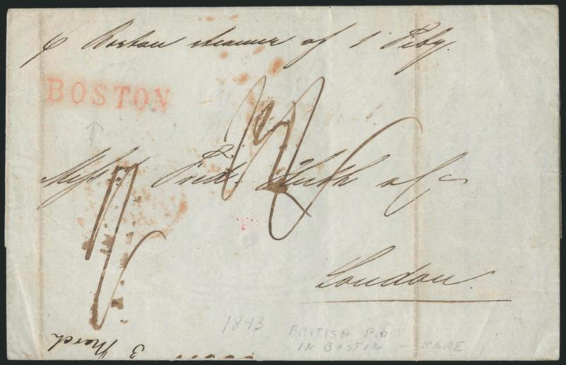 BOSTON.> Orange-red straightline handstamp on duplicate Jan. 24, 1843 folded letter from New York City to London, England, senders routing <<per Boston steamer of 1 Feby.>>, red London receiving backstamp
(Feb. 18), ms. 1 and 2 due markings,
