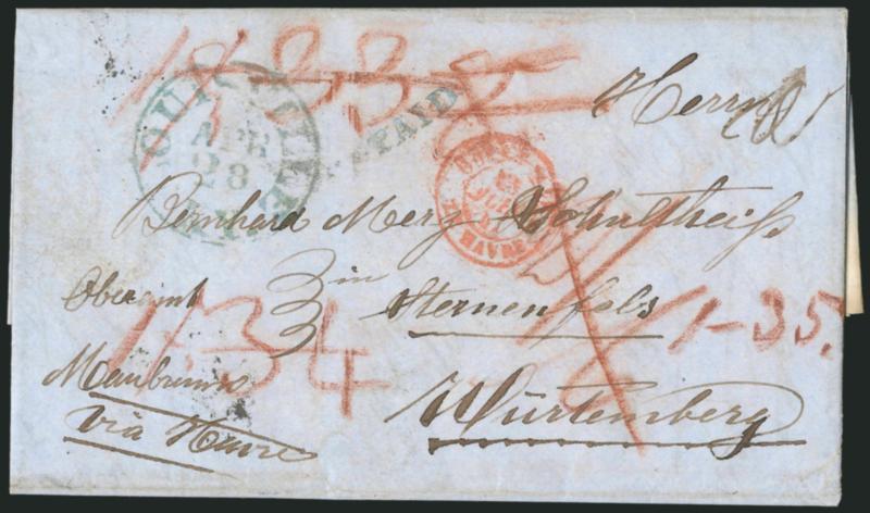 Kentucky to Germany.> 1847 folded letter <to Wurttemberg, Germany,> blue Louisville Ky. Apr. 28 circular datestamp and matching Paid handstamp, senders routing <<Via Havre>> at lower left and with various
rates crossed out, Very Fine