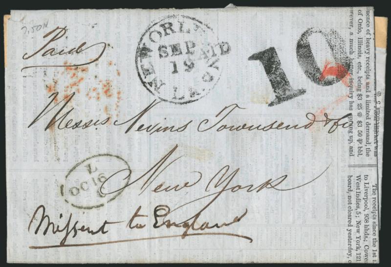 Missent to England.> New Orleans La. Sep. 19 (1846) circular datestamp with Paid and large 10 rate handstamp on printed market report with handwritten letter to New York City, for some reason it was included
in a bag of transatlantic mail and