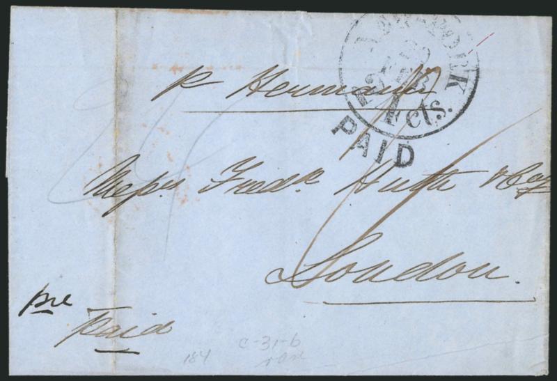 New-York 24 cts. 20 Feb. with Attached Paid.> Clear strike of this unusual and rare integral-rate circular datestamp on folded cover to London, England, endorsed <<prepaid>> and <<p Hermann>>, carried on the
Ocean Line <ermanns>> Feb. 20,