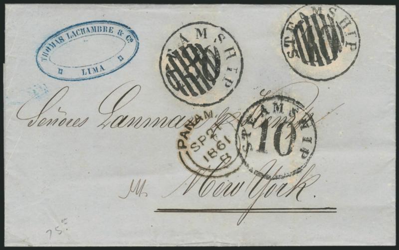 New York Steamship Rates.> Four folded covers or letters, a fascinating group that was the basis of an article in <<Western Express>> (June and Sep. 1996), incl. 1849 from Peru to East Hilton Me. with <red>
New-York Jan. 13 30 integral-rate circu