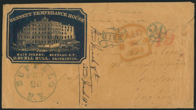 Buffalo N.Y. Feb. 20.> Blue circular datestamp, matching Paid in scroll and 24 in circle handstamps on ennett Temperance House illustrated cameo corner card cover to London, England,> red 19 credit handstamp,
red receiving datestamp (Mar. 8,