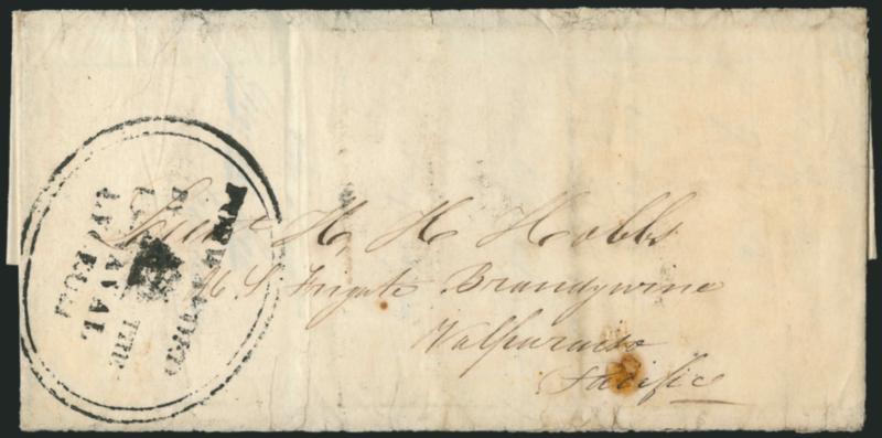Forwardedby theU.S. NavalLyceum.> Large double-line oval handstamp with rigged ship at center, full strike on folded letter datelined <<U.S. Navy Yard, New York, Sep. 17th 1834>> to a lieutenant aboard the
U.S. Frigate <randywine>> at Valparai