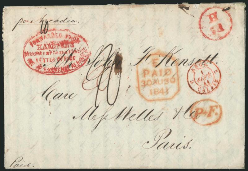Forwarded from Harndens Package Express & Foreign Letter Office, No. 12 Exchange, Albany.> Red oval handstamp and matching Pd. H. in circle on Aug. 6, 1841 folded letter to Paris, France, senders ship
directive <<per Acadia,>> red Liverpool tra