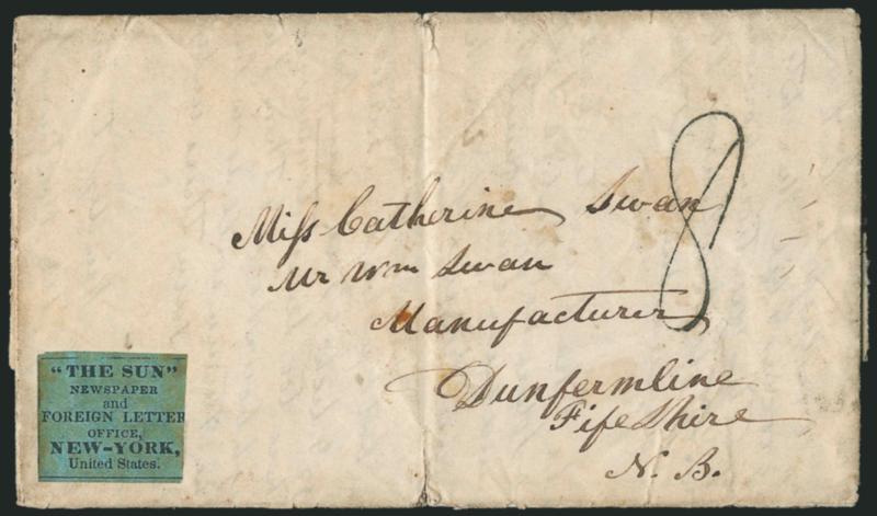 The Sun Newspaper and Foreign Letter Office, New-York, United States.> Green label affixed to folded letter datelined at Tecumseh Mich. Aug. 16, 1844, to Dunferline, Scotland, 1 OC 44LiverpoolShip backstamp,
ms. 8 ship letter rate, red receiv