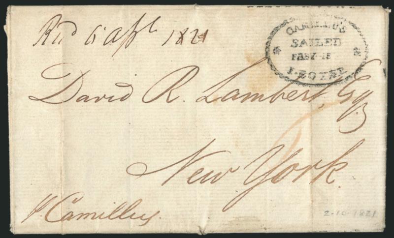 CamillusSailedFeby. 18I. Boyer.> In ornamental oval frame, mostly clear strike on Feb. 10, 1821 folded letter from Glasgow to New York, ms. 6 ship rate, slight wear, Fine, scarce