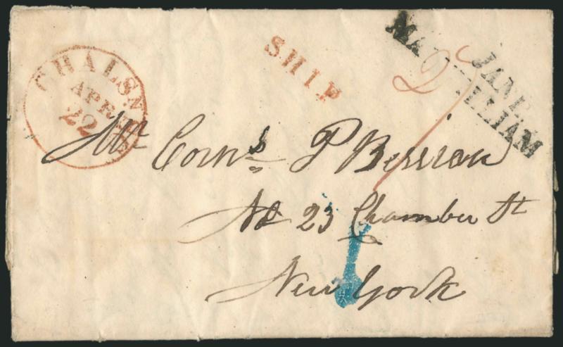 JANEMACWILLIAM.> Separate straightline handstamps on Mar. 6, 1823 folded letter from Havana, Cuba, to New York City street address, red Chalsn. SC Apr. 22 circular datestamp and matching ^SHIP^ handstamp, ms.
27 rate, Fine, reported to be the