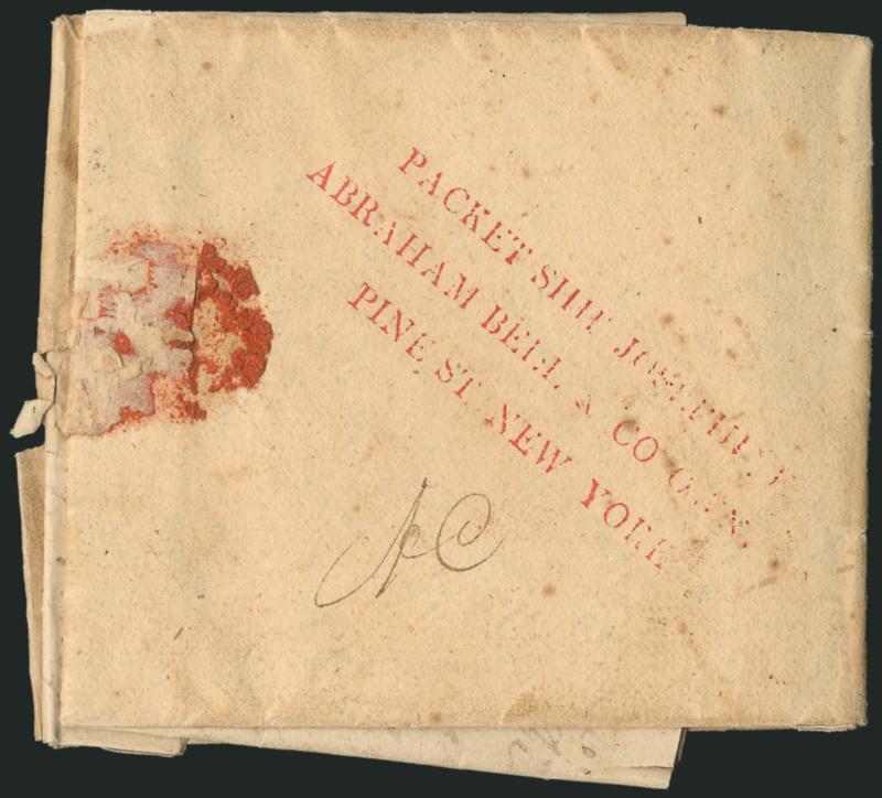 PACKET SHIP JOSEPHINEABRAHAM BELL & CO. OWNERSPINE ST NEW YORK.> Three-line handstamp in red on backflap of May 3, 1829 folded letter from Ireland to Virginia, red New-York Jun. 14 circular datestamp and
matching ^SHIP^ handstamp, red ms. 27