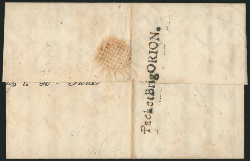 PacketBrigORION*.> Straightline handstamp with a few letters strengthened in ink at the time of application on back of duplicate folded letter from Hill & Blodget (Gibraltar merchants) to Baldwin & Forbes in
New York, original datelined <<Gibraltar