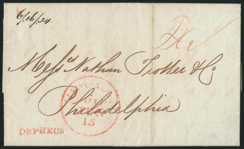 ORPHEUS.> Red straightline handstamp with matching ^FORWARDED BYCARTWELL BROS.LIVERPOOL^ three-line backstamp on May 12, 1834 folded letter from London to Philadelphia, red New-York Ship Jun. 15 circular
datestamp and ms. 20-34 rate, Extreme