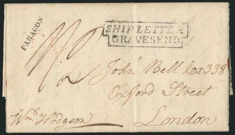 PARAGON.> Clearly struck straightline on Quaker-dated July 10, 1824 folded letter from Philadelphia to London, clear strike of Ship LetterGravesend framed handstamp, ms. 12 due marking, Extremely Fine, a rare
marking and pristine cover, ex Jarr