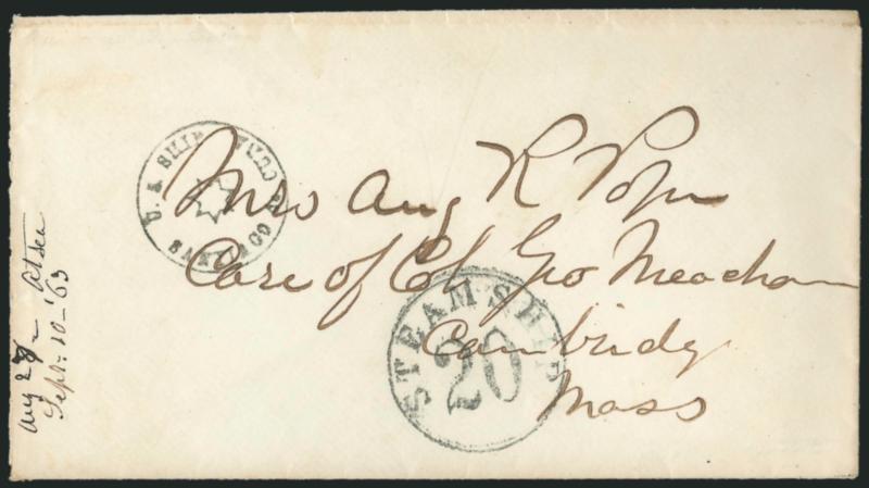 U.S. Ship Santiago de Cuba.> Circular handstamp with 7-point star at center clearly struck on cover to Cambridge Mass., entered mails at New York with Steamship 20 in circle handstamp, receipt docketing <<Aug.
27 at sea, Sept. 10 63>>, Extremely