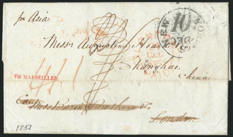 New York to Shanghai, China.> Dec. 8, 1851 folded letter from New York City to Augustine Heard & Co. in Shanghai, China, care of Baring Bros. in London, senders endorsement <<per Asia>>, New York 10 Dec. 6
debit datestamp (inverted date), red Lo